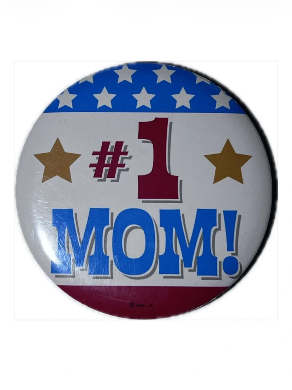 #1 Mom! Red, White & Blue With Gold Stars 3.5” Button Badge Great Gift for Mom